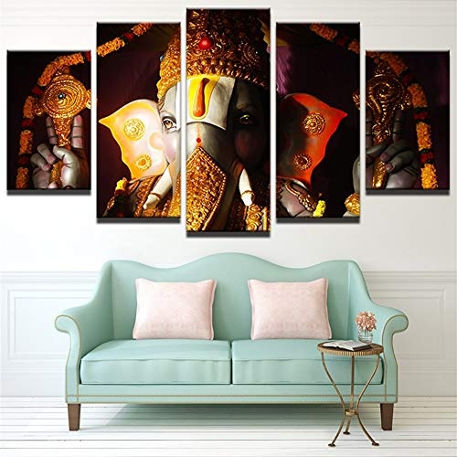 FJNS Leinwandbilder Bild - HD India Ganesh Elephant - 5 Stück fertig zum Aufhängen Wand Kunstdruck - Holzrahmen - Decor Gallery Art,A,20×35×220×45×220×55×1