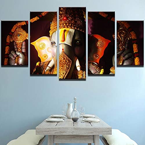 FJNS Leinwandbilder Bild - HD India Ganesh Elephant - 5 Stück fertig zum Aufhängen Wand Kunstdruck - Holzrahmen - Decor Gallery Art,A,20×35×220×45×220×55×1