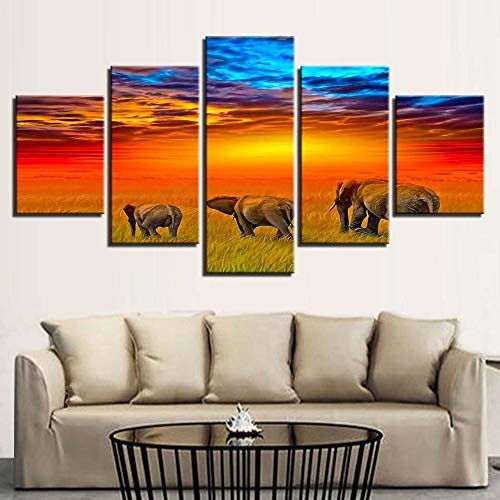 SHENGPAIN Leinwand Hd Drucke Gemälde Wohnkultur Rahmen 5 Stücke Orange Rot Sunset Prairie Elephants Poster Wandkunst Modular Pictures