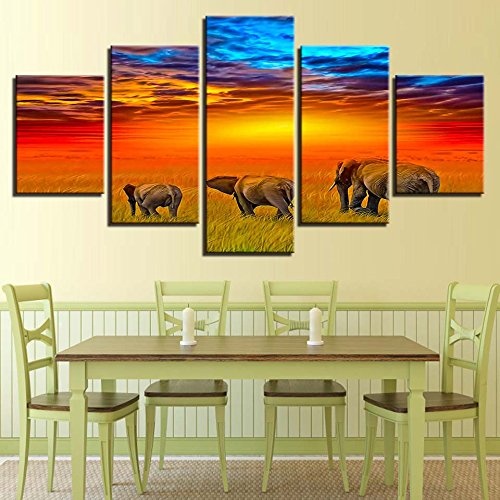 SHENGPAIN Leinwand Hd Drucke Gemälde Wohnkultur Rahmen 5 Stücke Orange Rot Sunset Prairie Elephants Poster Wandkunst Modular Pictures