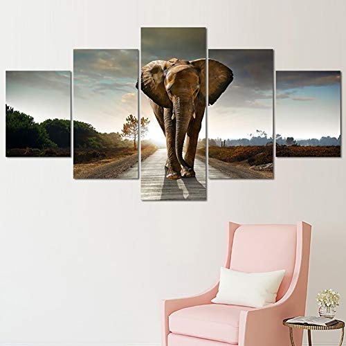 ZLQF Wandbilder Leinwandbilder Kunst Elephants Landscape HD Printed Painting Moderne Bilder Home Decor für Wohnzimmer 5 Panel,B,30 * 60 * 2+30 * 70 * 2+30 * 80cm*1