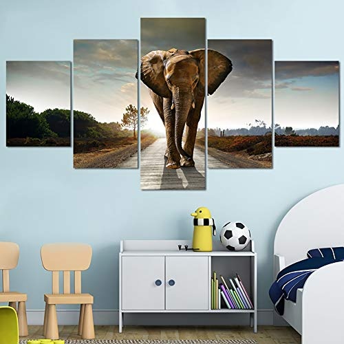 ZLQF Wandbilder Leinwandbilder Kunst Elephants Landscape HD Printed Painting Moderne Bilder Home Decor für Wohnzimmer 5 Panel,B,30 * 60 * 2+30 * 70 * 2+30 * 80cm*1