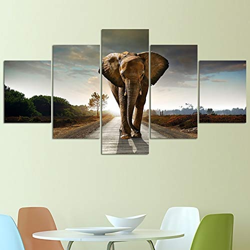 ZLQF Wandbilder Leinwandbilder Kunst Elephants Landscape HD Printed Painting Moderne Bilder Home Decor für Wohnzimmer 5 Panel,B,30 * 60 * 2+30 * 70 * 2+30 * 80cm*1