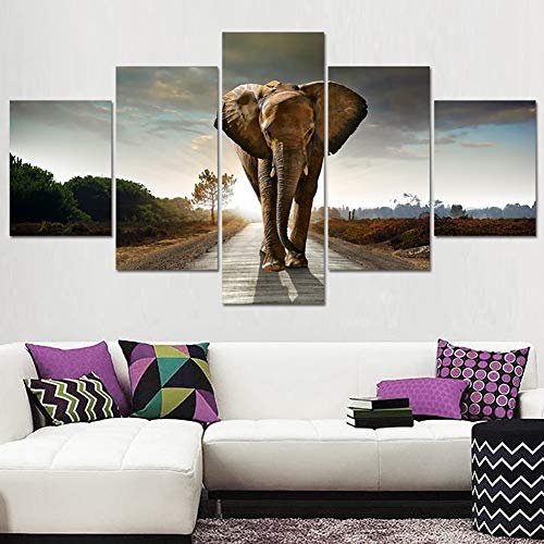 ZLQF Wandbilder Leinwandbilder Kunst Elephants Landscape HD Printed Painting Moderne Bilder Home Decor für Wohnzimmer 5 Panel,B,30 * 60 * 2+30 * 70 * 2+30 * 80cm*1