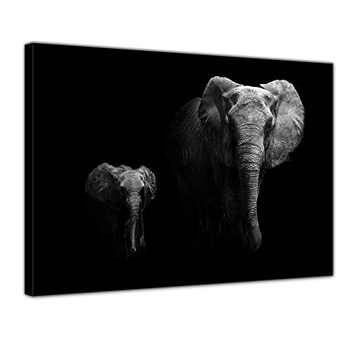 Wandbild Elefanten schwarz weiß - 40x30 cm Leinwandbilder Bilder als Leinwanddruck Fotoleinwand Elephant Dickhäuter Grauer Riese Tierbild Tiere Afrika