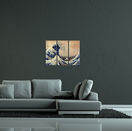 Wandbild Katsushika Hokusai Die große Welle vor Kanagawa - 90x60cm mehrteilig quer - Alte Meister Berühmte Gemälde Leinwandbild Kunstdruck Bild auf Leinwand