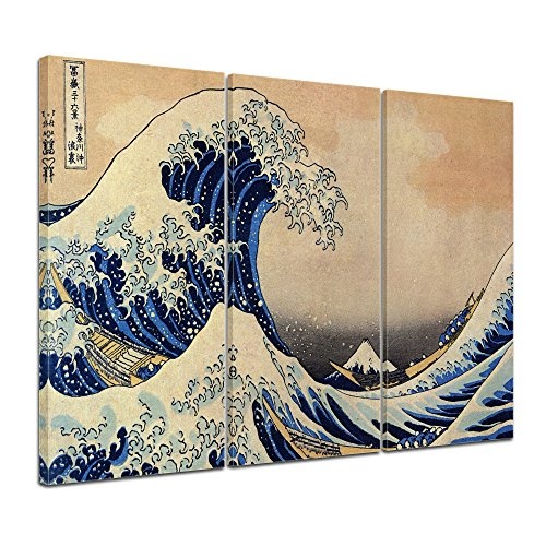 Wandbild Katsushika Hokusai Die große Welle vor Kanagawa - 90x60cm mehrteilig quer - Alte Meister Berühmte Gemälde Leinwandbild Kunstdruck Bild auf Leinwand