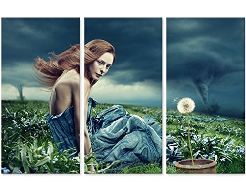 Leinwandbild Frau im Sturm Triptychon I Märchen Tornado Wunderland Wind, Leinwand, Leinwandbild XXL, Leinwanddruck, Wandbild
