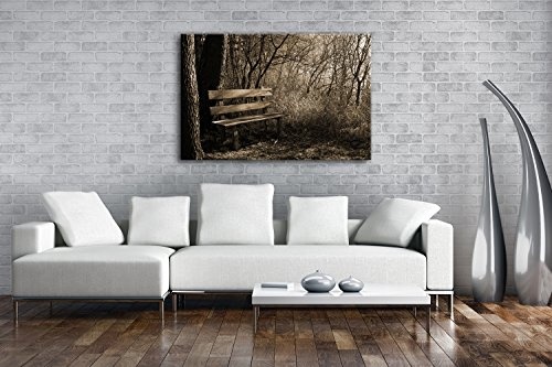 deyoli einsame Bank im Wald Format: 120x80 Effekt: Sepia als Leinwandbild, Motiv fertig gerahmt auf Echtholzrahmen, Hochwertiger Digitaldruck mit Rahmen, Kein Poster oder Plakat