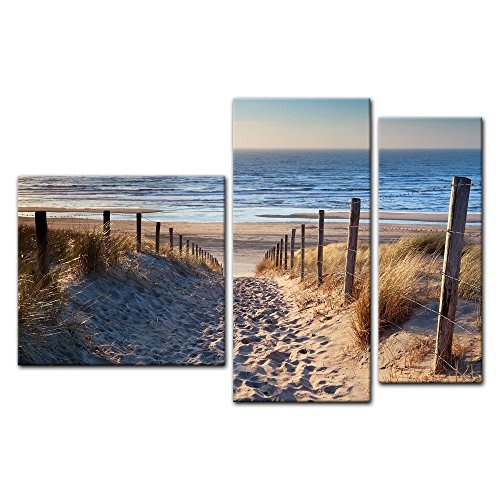 Wandbild - Schöner Weg zum Strand III - Bild auf Leinwand - 130x80 cm dreiteilig - Leinwandbilder - Urlaub, Sonne & Meer - Nordsee - Dünen mit Strandgräsern - Idylle - Erholung