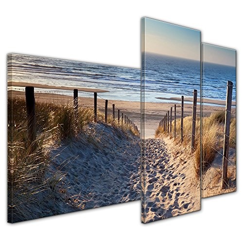 Wandbild - Schöner Weg zum Strand III - Bild auf Leinwand - 130x80 cm dreiteilig - Leinwandbilder - Urlaub, Sonne & Meer - Nordsee - Dünen mit Strandgräsern - Idylle - Erholung