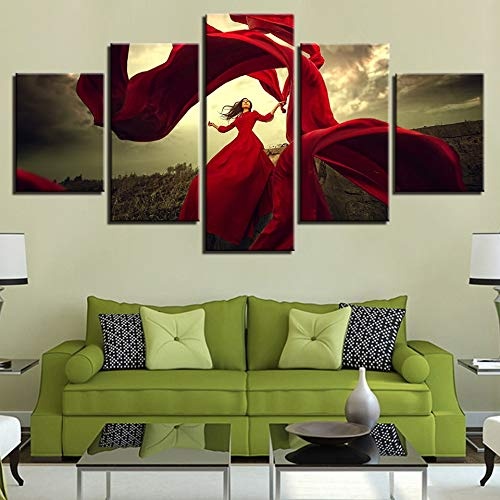 GLZBD Leinwanddrucke Leinwand Malerei Wohnzimmer Dekor HD Drucke 5 Stücke Rotes Kleid Mädchen Bilder Tanzen Rock Im Wind Poster Wandkunst Rahmen