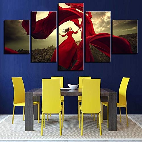 GLZBD Leinwanddrucke Leinwand Malerei Wohnzimmer Dekor HD Drucke 5 Stücke Rotes Kleid Mädchen Bilder Tanzen Rock Im Wind Poster Wandkunst Rahmen