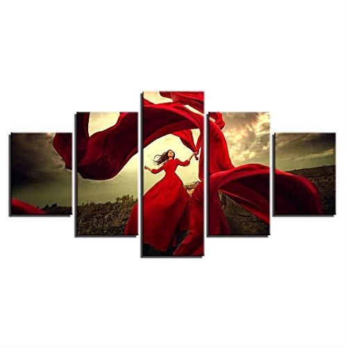 GLZBD Leinwanddrucke Leinwand Malerei Wohnzimmer Dekor HD Drucke 5 Stücke Rotes Kleid Mädchen Bilder Tanzen Rock Im Wind Poster Wandkunst Rahmen