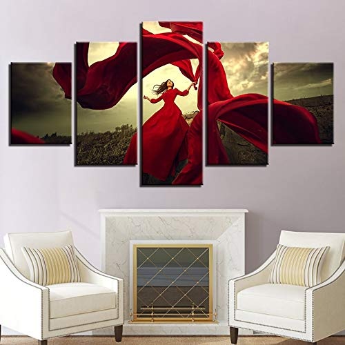 GLZBD Leinwanddrucke Leinwand Malerei Wohnzimmer Dekor HD Drucke 5 Stücke Rotes Kleid Mädchen Bilder Tanzen Rock Im Wind Poster Wandkunst Rahmen