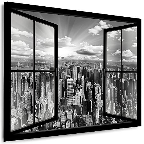 Julia-Art Leinwandbilder Skyline - New York Bilder - XXL Wandbild mit Keilrahmen - 100 mal 70 cm - Querformat 1 teilig - Schwarz Weiß Kunstdrucke Stadt NY City Statue, Brücke Fensterblick N-c-100-a-5