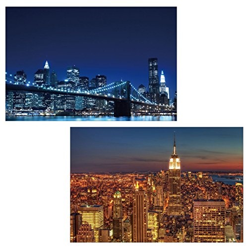 Mendler 2X LED-Bild Leinwandbild Leuchtbild Wandbild 60x40cm, Timer ~ Skyline New York