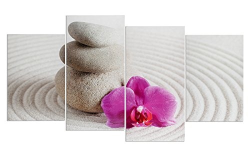 levandeo Wandbild 4 teilig 130x70cm - Sand Wellness rosa Orchidee Feng Shui Steine Steingarten - 4 Leinwandbilder im Set Bild Leinwand