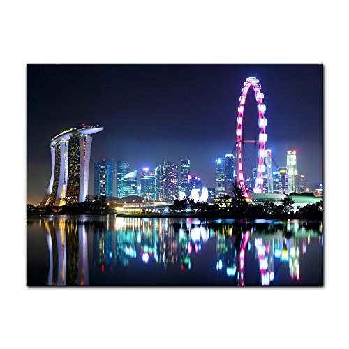 Wandbild - Singapur bei Nacht - Bild auf Leinwand - 70x50 cm 1 teilig - Leinwandbilder - Städte & Kulturen - Asien - Skyline - Hotel Marina Bay Sands - Singapore Flyer - Riesenrad