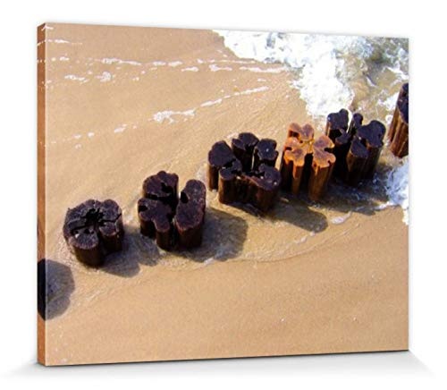 1art1 68279 Strände - Meeresgischt Mit Pfahlreihe Aus Holz Im Sand Poster Leinwandbild Auf Keilrahmen 50 x 40 cm