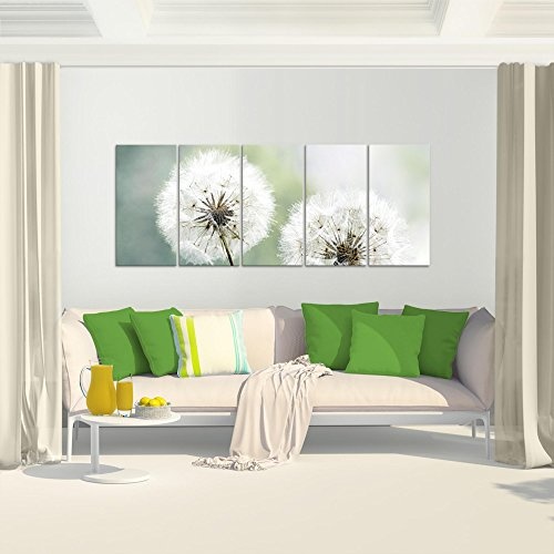 Bilder Blumen Pusteblume Wandbild 200 x 80 cm Vlies - Leinwand Bild XXL Format Wandbilder Wohnzimmer Wohnung Deko Kunstdrucke Grün 5 Teilig - MADE IN GERMANY - Fertig zum Aufhängen 207155a
