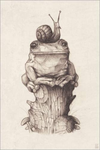 Posterlounge Leinwandbild 120 x 180 cm: Der Frosch und die Schnecke, Vintage von Mike Koubou - fertiges Wandbild, Bild auf Keilrahmen, Fertigbild auf echter Leinwand, Leinwanddruck
