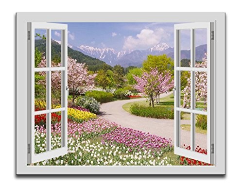 Bild auf Leinwand-Wandbild Fensterblick Alpen Frühling Bäume Landschaft fertig gerahmt (120x80cm, weiß)