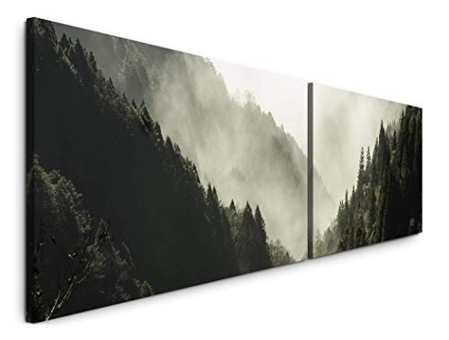 Paul Sinus Art Wald mit Nebel 180x50cm - 2 Wandbilder je 50x90cm - Kunstdrucke - Wandbild - Leinwandbilder fertig auf Rahmen