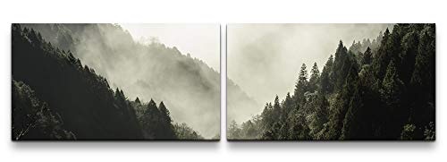 Paul Sinus Art Wald mit Nebel 180x50cm - 2 Wandbilder je 50x90cm - Kunstdrucke - Wandbild - Leinwandbilder fertig auf Rahmen