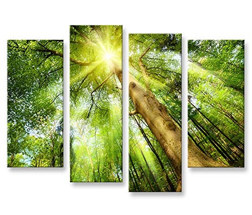 islandburner Bild Bilder auf Leinwand Leuchtender Wald Sonne Bäume 4er XXL Poster Leinwandbild Wandbild Dekoartikel Wohnzimmer Marke