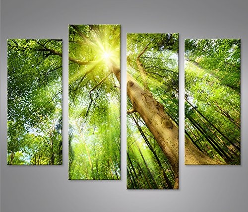 islandburner Bild Bilder auf Leinwand Leuchtender Wald Sonne Bäume 4er XXL Poster Leinwandbild Wandbild Dekoartikel Wohnzimmer Marke