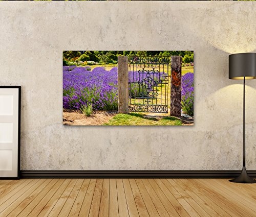 Bild Bilder auf Leinwand Garten mit Buntem Lavendelfeld und rustikalem Weinlesetor, N Wandbild, Poster, Leinwandbild LZL