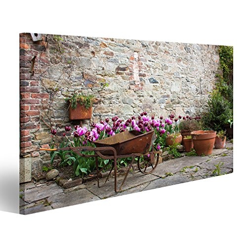islandburner Bild Bilder auf Leinwand Garten mit Tulpen und Orangenblumentöpfen und Einer Schubkarre Wandbild Leinwandbild Poster CZT