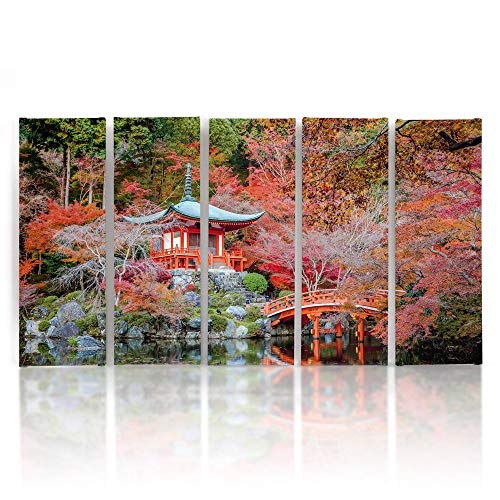 Feeby Frames, Leinwandbild Bilder Wand Bild - 5 Teile - Wandbilder Kunstdruck (JAPANISCHER Garten, ROT) 200x100 cm, Typ C