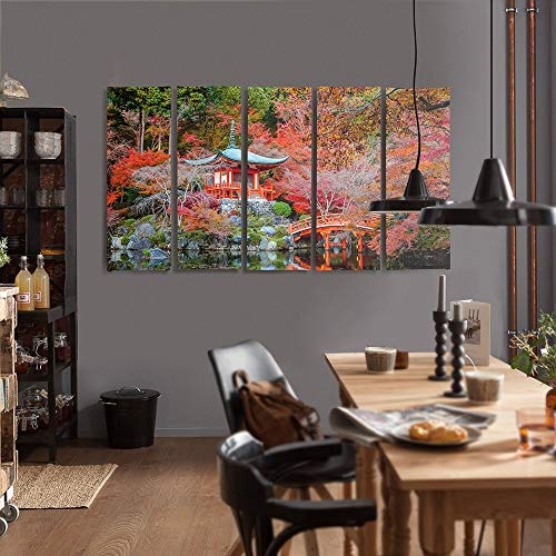 Feeby Frames, Leinwandbild Bilder Wand Bild - 5 Teile - Wandbilder Kunstdruck (JAPANISCHER Garten, ROT) 200x100 cm, Typ C