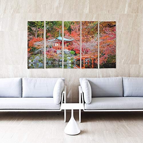 Feeby Frames, Leinwandbild Bilder Wand Bild - 5 Teile - Wandbilder Kunstdruck (JAPANISCHER Garten, ROT) 200x100 cm, Typ C