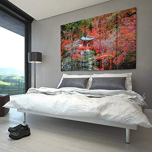 Feeby Frames, Leinwandbild Bilder Wand Bild - 5 Teile - Wandbilder Kunstdruck (JAPANISCHER Garten, ROT) 200x100 cm, Typ C