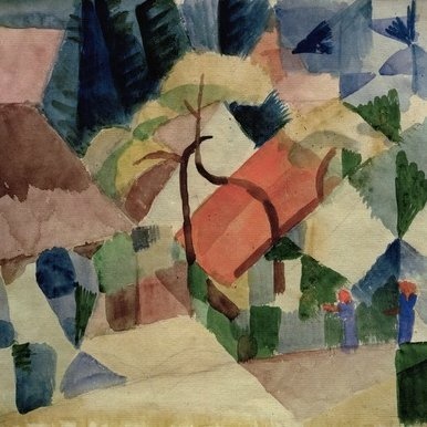 August Macke - Dorfhäuser in Gärten - 1914-60x60 cm - Leinwandbild auf Keilrahmen - Wand-Bild - Kunst, Gemälde, Foto, Bild auf Leinwand - Alte Meister/Museum