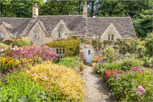 Leinwandbild 90 x 60 cm: Romantischer Cottage Garten in den Cotswolds (England) von Christian Müringer - fertiges Wandbild, Bild auf Keilrahmen, Fertigbild auf echter Leinwand, Leinwanddruck