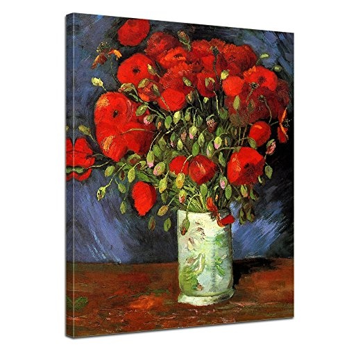 Wandbild Vincent Van Gogh Vase mit roten Mohnblumen - 60x80cm hochkant - Alte Meister Berühmte Gemälde Leinwandbild Kunstdruck Bild auf Leinwand