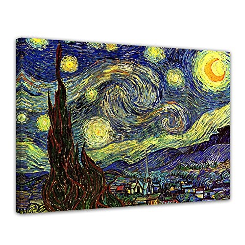 Wandbild Vincent Van Gogh Sternennacht - 50x40cm quer - Alte Meister Berühmte Gemälde Leinwandbild Kunstdruck Bild auf Leinwand