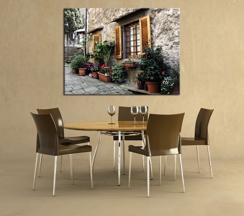 Wandbild - Mediterran - Bild auf Leinwand - 80x60 cm - Leinwandbilder - Urlaub, Sonne & Meer - Mittelmeer - Lebensgefühl - Flora - Fassade