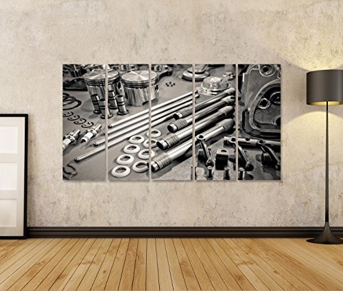 islandburner Bild Bilder auf Leinwand Sammlung von Präzisions Auto Motorenteilen in Einer Werkstatt angelegt Wandbild Leinwandbild Poster