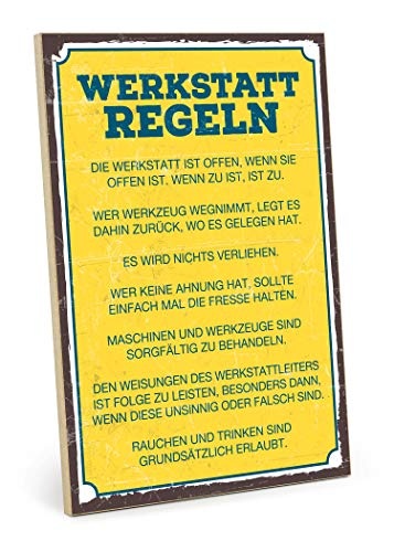 TypeStoff Holzschild mit Spruch - Werkstatt Regeln - im Vintage-Look mit Zitat als Geschenk und Dekoration (Größe: 19,5 x 28,2 cm)