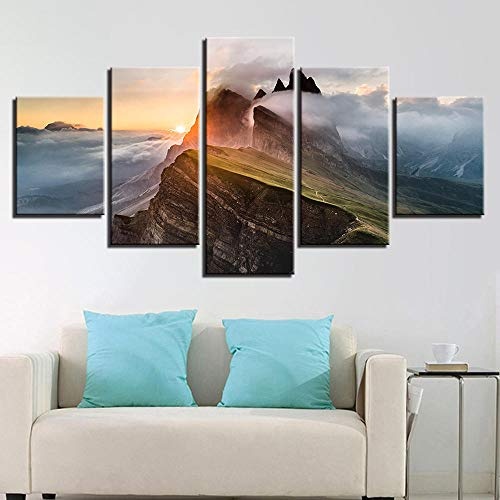 OHHCO Leinwanddrucke Wandkunst Poster Modulare Leinwandbilder 5 Stücke Berg Sonnenaufgang Sonnenschein Psychedelische Landschaft Malerei Decor Home Moderne Drucke