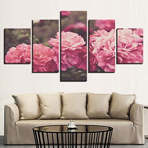 OHHCO Leinwanddrucke Modernes Zuhause Wohnzimmer Oder Schlafzimmer Wandkunst Dekor Leinwandbilder 5 Stücke Rosa Blumen Gemälde Modulare Poster Hd Drucke