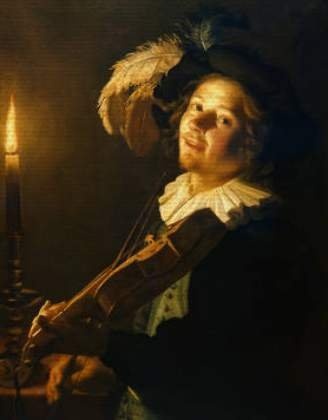 Leinwandbild auf Keilrahmen: Werkstatt des Gerard van Honthorst, "Geiger bei Kerzenlicht", 82 x 105