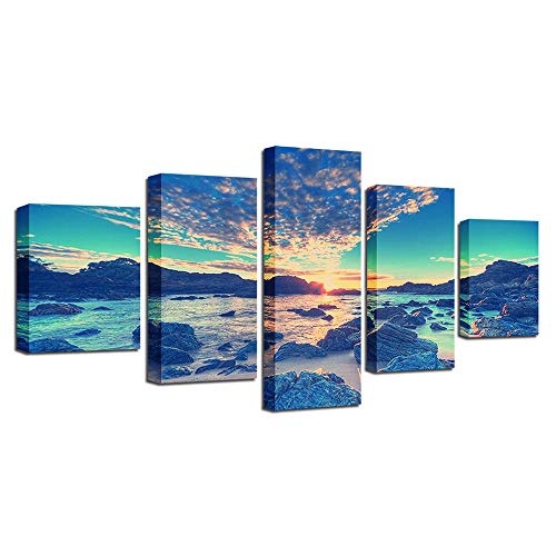 OHHCO Leinwanddrucke Leinwandbild Wohnkultur Druckplakat 5 Stücke Strand Welle Riff Malerei Sonnenaufgang Himmel Wolke Seascape Wandkunst