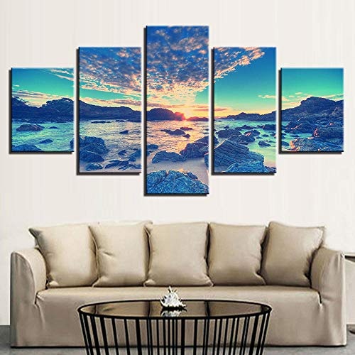 OHHCO Leinwanddrucke Leinwandbild Wohnkultur Druckplakat 5 Stücke Strand Welle Riff Malerei Sonnenaufgang Himmel Wolke Seascape Wandkunst