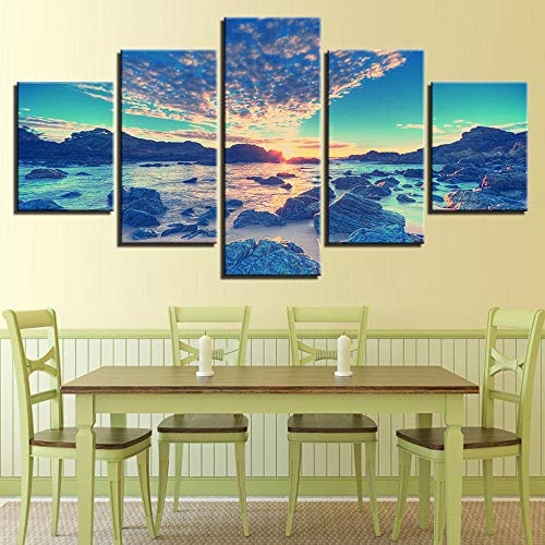 OHHCO Leinwanddrucke Leinwandbild Wohnkultur Druckplakat 5 Stücke Strand Welle Riff Malerei Sonnenaufgang Himmel Wolke Seascape Wandkunst